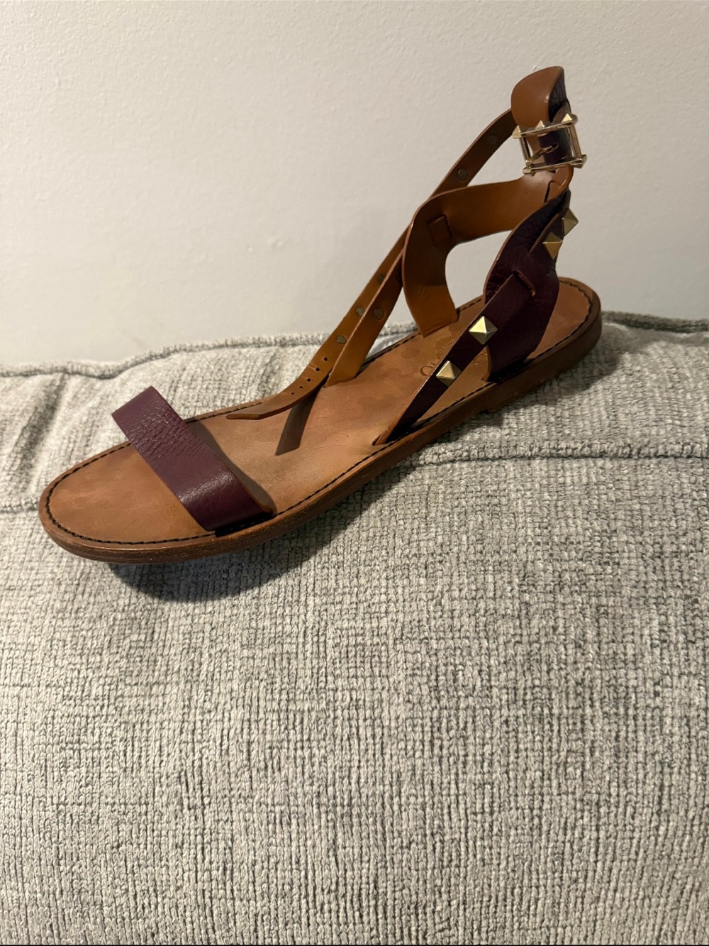 Valentino Two-Tone Burgundy and Tan Leather Stud Sandals